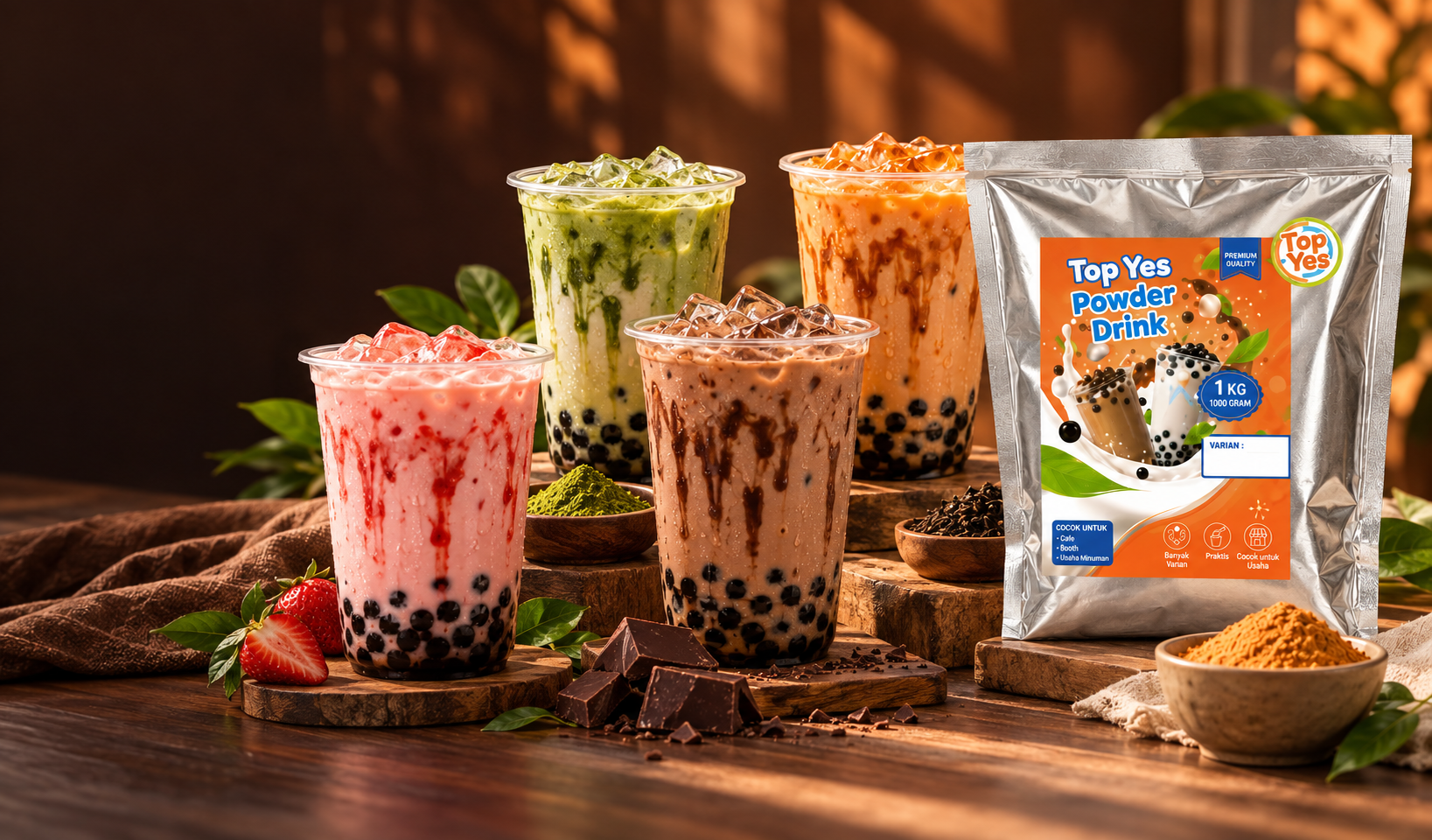 Visual konsep aneka bubble drink rasa stroberi, matcha, cokelat, dan Thai tea di samping kemasan Top Yes